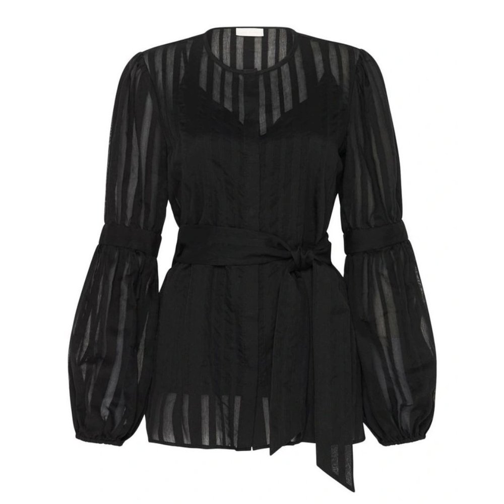 Sass & Bide 'Calypso' Top Puff Sleeve Semi Sheer Tunic Blouse Belt Tie Size 8 US